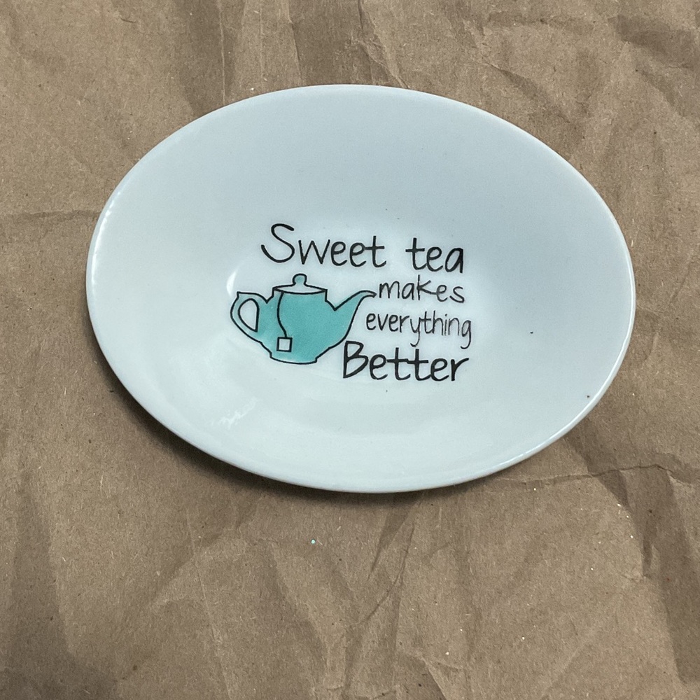 White Ceramic Tea Plate with Teapot Graphic